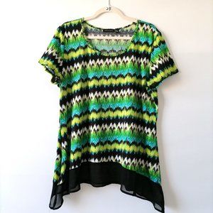Natations Green Round Neck Chevron Print Asymmetrical Hem Blouse Top Size XL